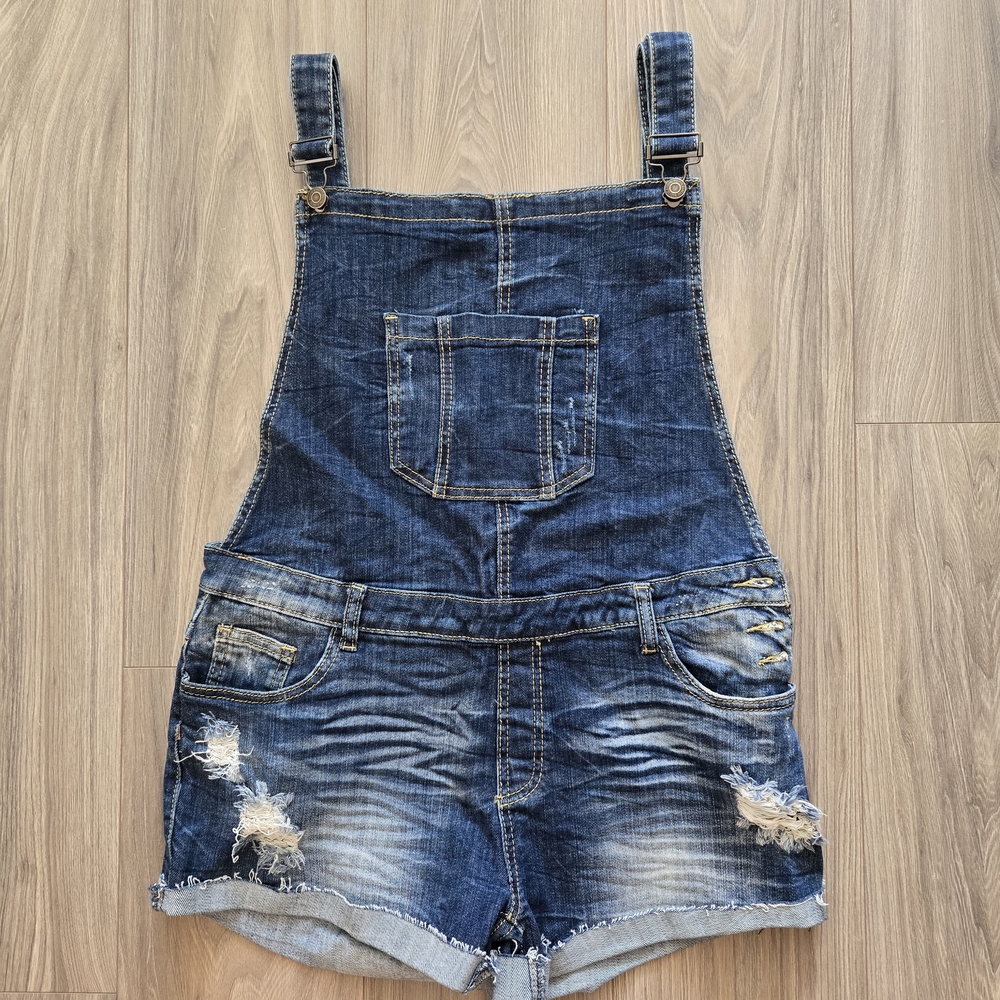 Machine Denim Shorts Overalls Women's Size Large Blue Distressed Pockets EUC